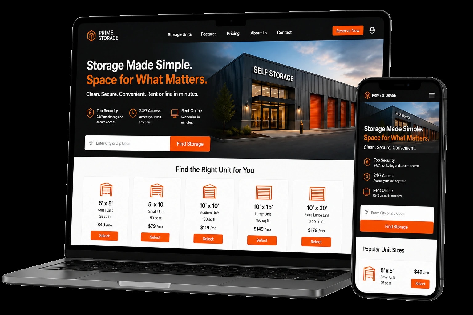 A generated storage website shown on a laptop and a phone
